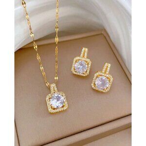 18K Gold Plated Stainless Steel Necklace & Earrings Set With Zirconia